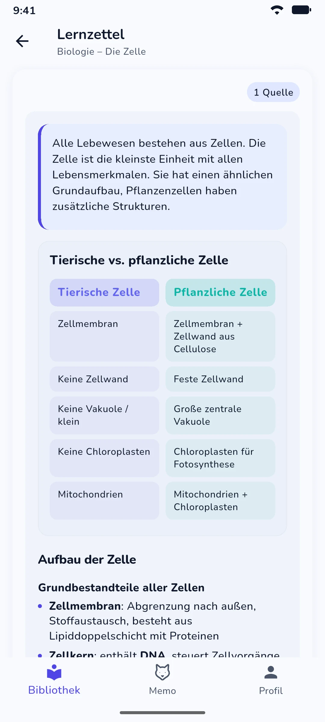 MemoSprint Schritt 2: Automatisch generierter Lernzettel mit Tabellen und Definitionen