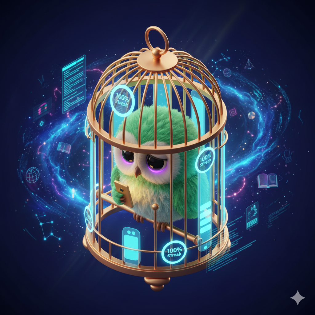 Duolingo Owl in Golden Cage Gamification Trap