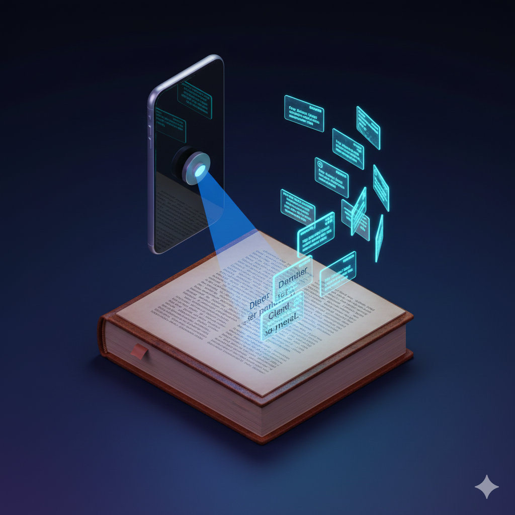 Smartphone scanning textbook into digital flashcards