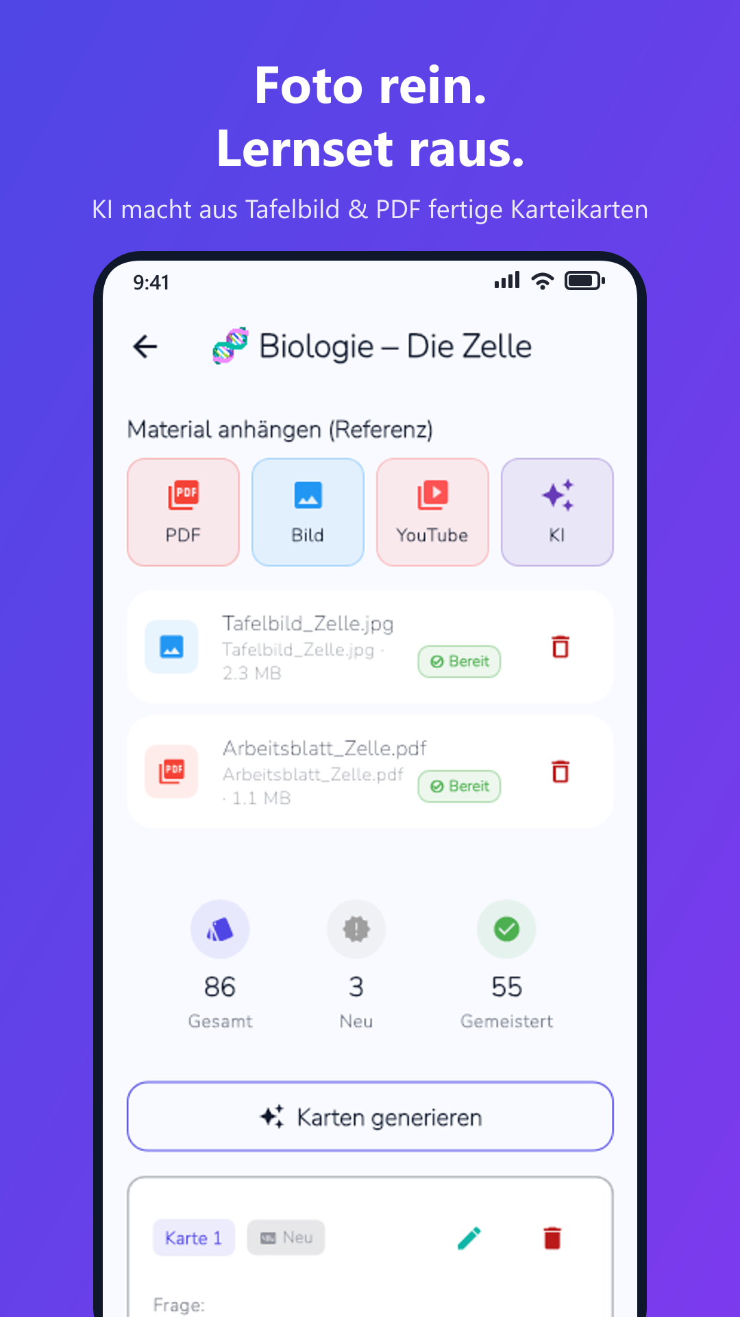 MemoSprint erstellt aus Foto und PDF automatisch ein Lernset
