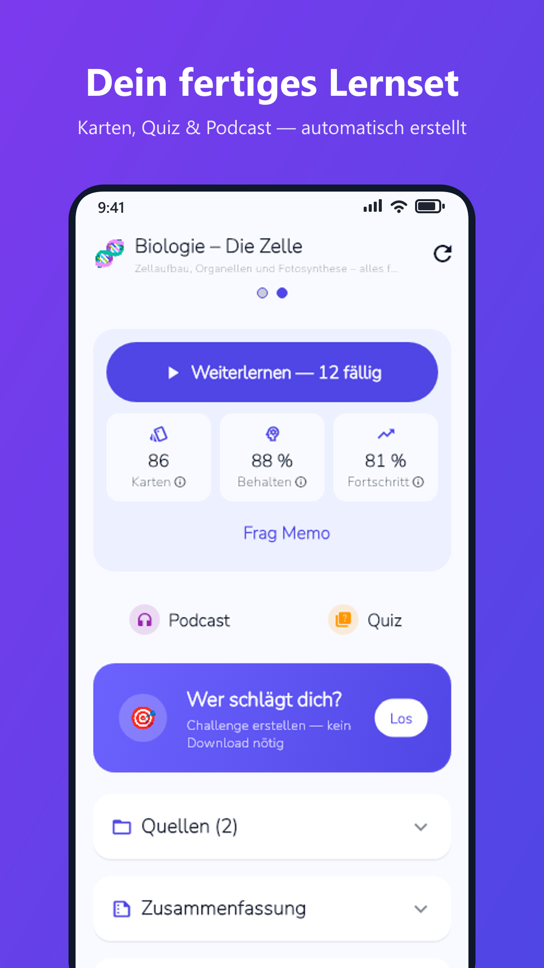 Fertiges Lernset mit Karten, Quiz und Podcast in der MemoSprint App