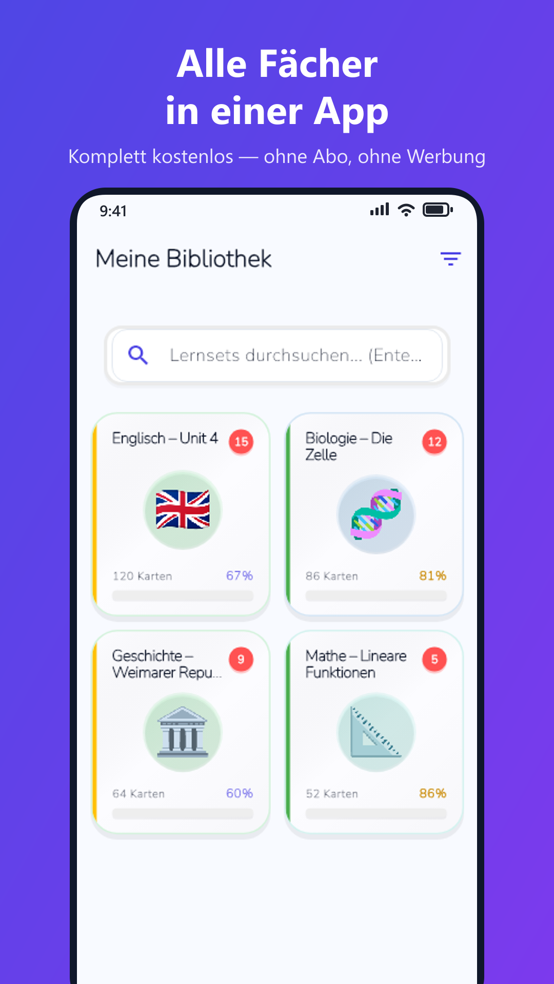 Alle Fächer kostenlos in der MemoSprint App