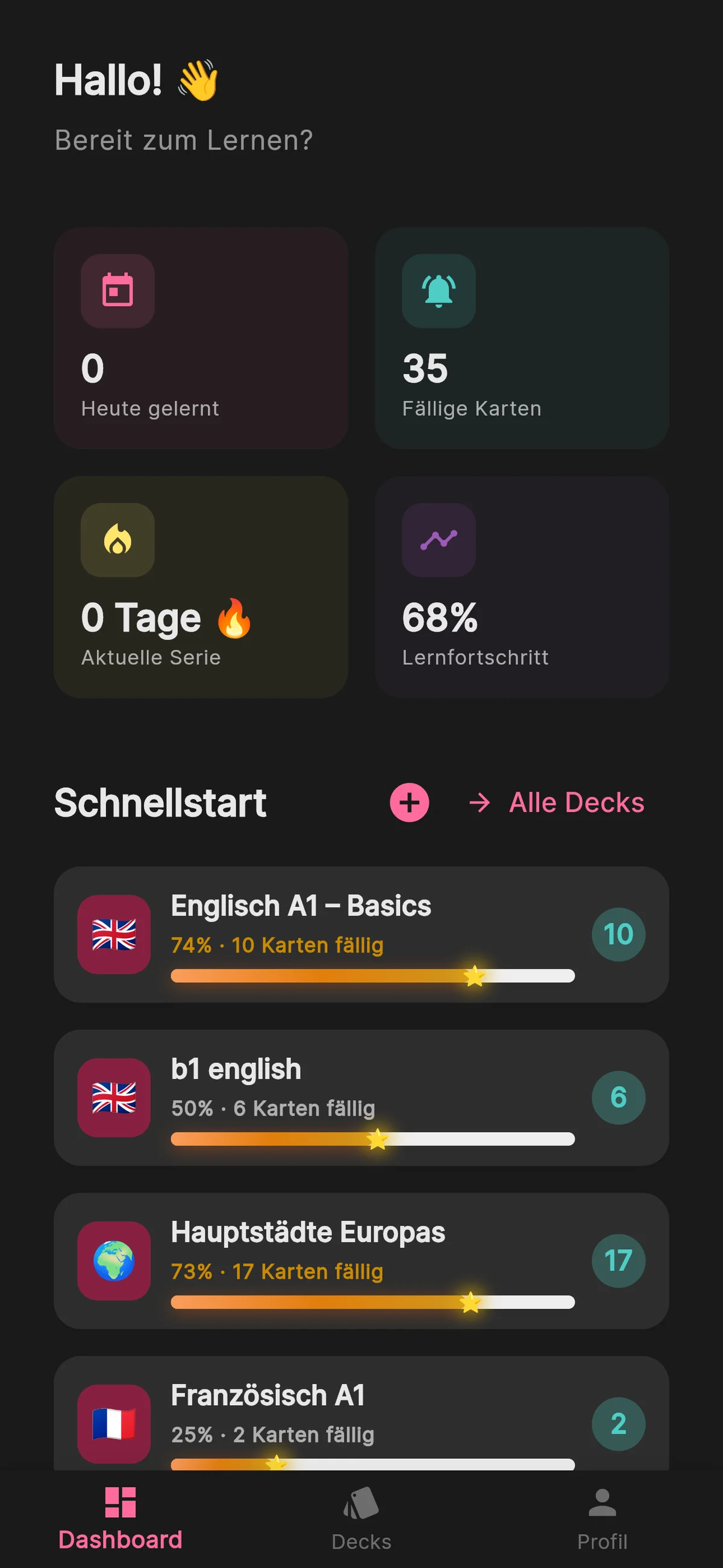 MemoSprint App Dashboard mit fälligen Karten und Fortschritt