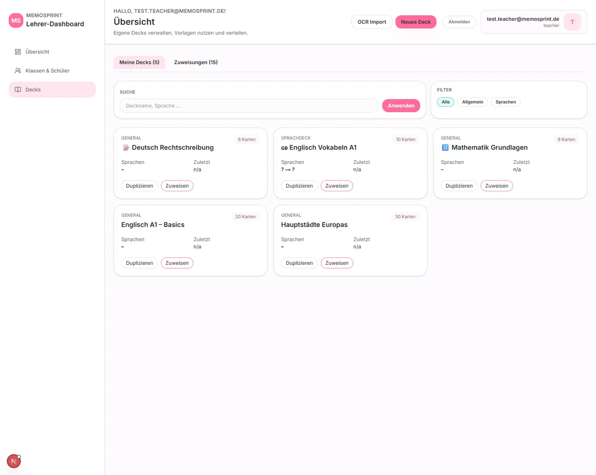 MemoSprint Deck-Verwaltung für Lehrkräfte